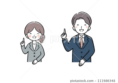 一個穿著西裝的女人和一個男人互相指著 111986348