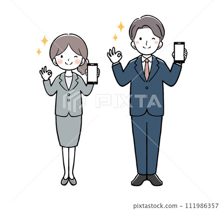 拿著智慧型手機並給予 OK 手勢的女商人和商人 拿著智慧型手機並給予 OK 手勢的女商人和商人 111986357