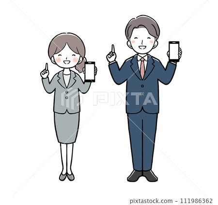 Businesswoman and businessman holding smartphones and pointing 111986362