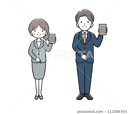 Businesswoman and businessman with a calculator 111986363