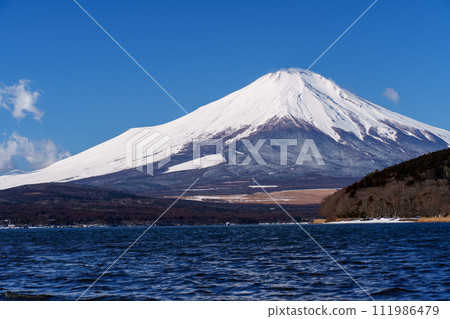 Mt. Fuji from the beach of Lake Yamanaka Plain 111986479