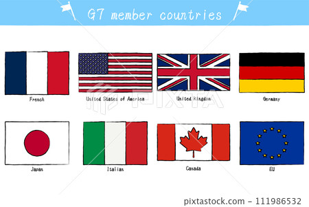 Flags of G7 member countries set, hand drawn style 111986532