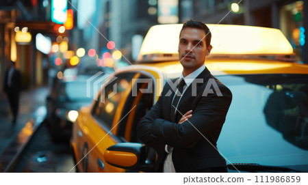 Professional Businessman by Taxi in Bustling City Nightlife 111986859