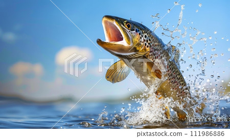 Leaping Trout at Sunrise Over Water 111986886
