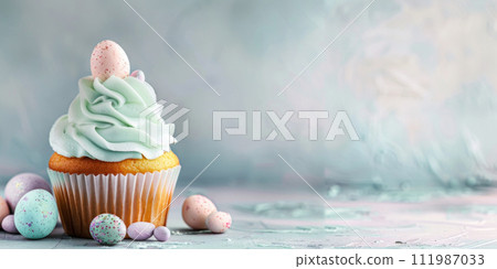 AI-generated content. Easter cupcake with icing and Easter eggs on pastel blue background. Greeting card. Banner. Copy space. Easter celebrations. AI-generated content. Easter cupcake with icing and Easter eggs on pastel blue background. Greeting card. Banner. Copy space. Easter celebrations. 111987033