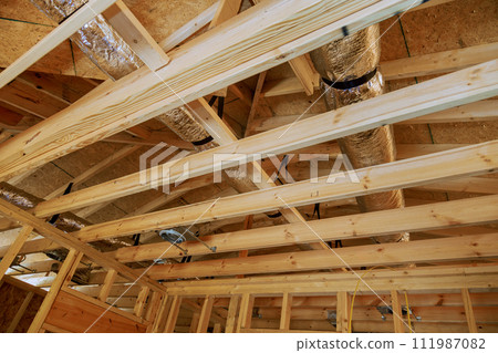 Skeletal construction interior view of new house under wooden framing progress Skeletal construction interior view of new house under wooden framing progress 111987082