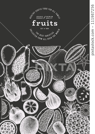 Tropical Fruit Design Template. Vector Hand Drawn Exotic Fruit Chalk Board llustration. Vintage Style Menu Illustration. 111987256