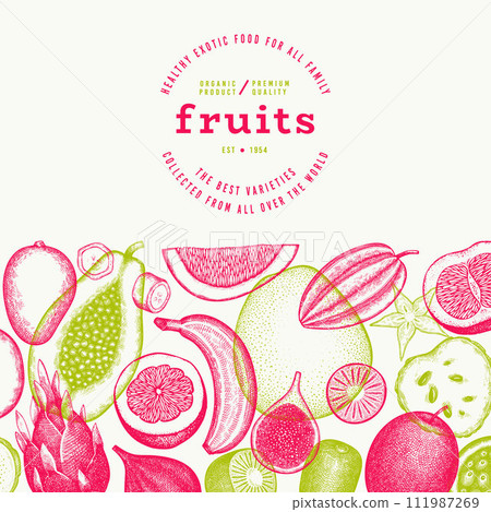 Tropical Fruit Design Template. Vector Hand Drawn Exotic Fruit Banner. Vintage Style Menu Illustration. Tropical Fruit Design Template. Vector Hand Drawn Exotic Fruit Banner. Vintage Style Menu Illustration. 111987269