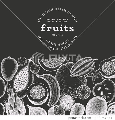 Tropical Fruit Design Template. Vector Hand Drawn Exotic Fruit Chalk Board llustration. Vintage Style Menu Illustration. Tropical Fruit Design Template. Vector Hand Drawn Exotic Fruit Chalk Board llustration. Vintage Style Menu Illustration. 111987275