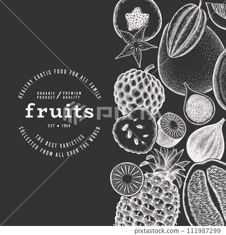 Tropical Fruit Design Template. Vector Hand Drawn Exotic Fruit Chalk Board llustration. Vintage Style Menu Illustration. Tropical Fruit Design Template. Vector Hand Drawn Exotic Fruit Chalk Board llustration. Vintage Style Menu Illustration. 111987299