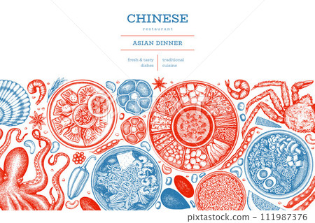 Chinese Cuisine Design Template. Vector Hand Drawn Asian Food Banner. Vintage Style Menu Illustration. Chinese Cuisine Design Template. Vector Hand Drawn Asian Food Banner. Vintage Style Menu Illustration. 111987376