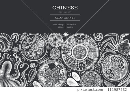 Chinese Cuisine Chalk Board Design Template. Vector Hand Drawn Asian Food Banner. Vintage Style Menu Chalk Illustration. Chinese Cuisine Chalk Board Design Template. Vector Hand Drawn Asian Food Banner. Vintage Style Menu Chalk Illustration. 111987382