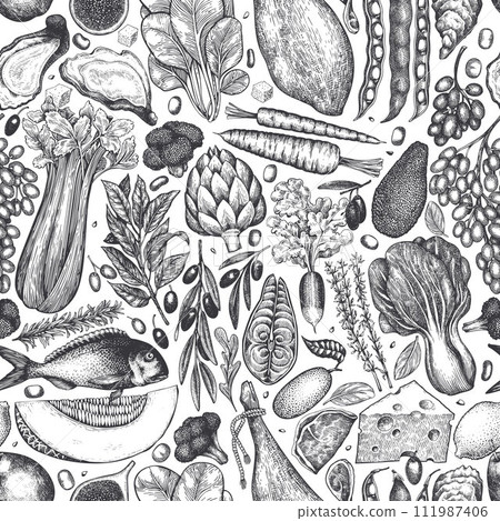 Mediterranean Cuisine Seamless Vector Pattern. Vector Hand Drawn Healthy Food Background. Vintage Style Menu Illustration. Mediterranean Cuisine Seamless Vector Pattern. Vector Hand Drawn Healthy Food Background. Vintage Style Menu Illustration. 111987406