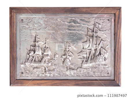 Very old cigarette case with a silver outside showing tall ships 111987497