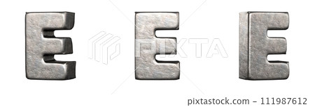 Letter E from a scratched iron letters collection. Isolated. 3D Rendering 111987612