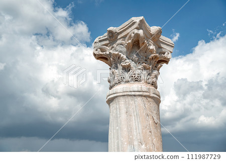Close-up of an ancient pillar at Kourion Archaeological Site. Limassol District, Cyprus 111987729