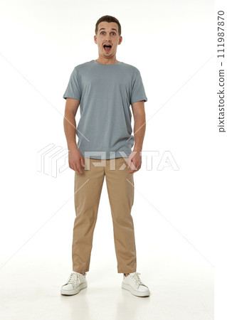 surprised guy looking at camera on white studio background surprised guy looking at camera on white studio background 111987870