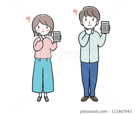 A woman and a man in plain clothes holding a calculator and wondering 111987943