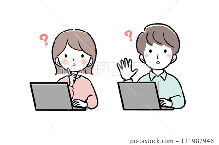 A woman and a man in casual clothes wonder in front of a computer A woman and a man in casual clothes wonder in front of a computer 111987946