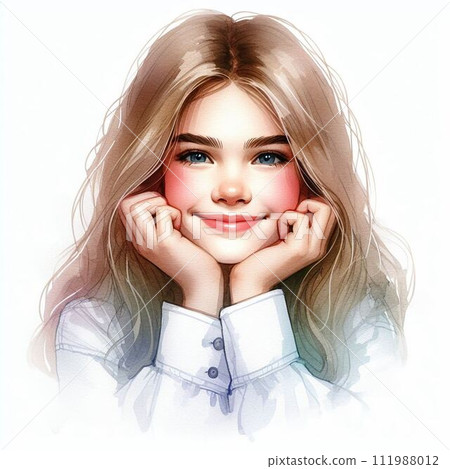 This is an AI-generated illustration image of a beautiful woman drawn in a watercolor style. It's very cute and transparent. 111988012