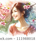 美麗的女人微笑著被櫻花包圍 111988018