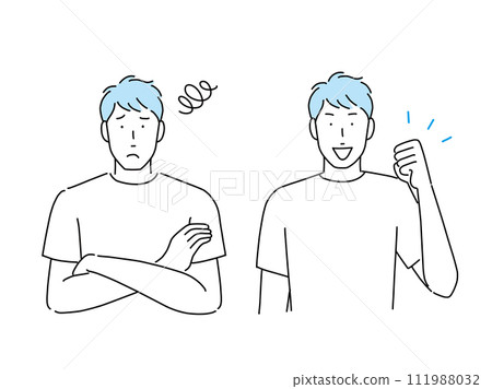 A set of a young man who is in trouble and folds his arms, and a man who solves the problem and makes a guts pose 111988032