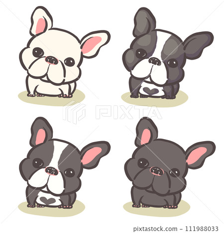 4 隻可愛的法國鬥牛犬，坐著並傾斜頭部 111988033