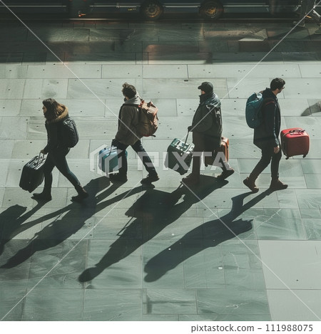 AI-generated content. Tourists passengers with suitcases at modern airport, back view, illustration 111988075