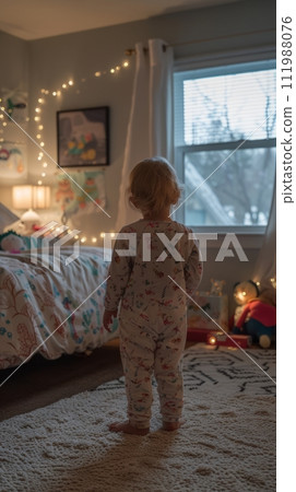 AI-generated content. A toddler in pajamas early in the morning in his room AI-generated content. A toddler in pajamas early in the morning in his room 111988076