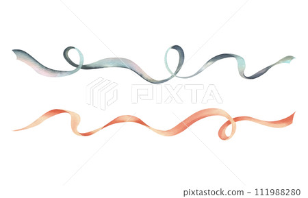 Long twisted satin and silk ribbons in peach fuzz and blue-turquoise colors. Hand drawn watercolor illustration. Set of elements isolated from background. 111988280
