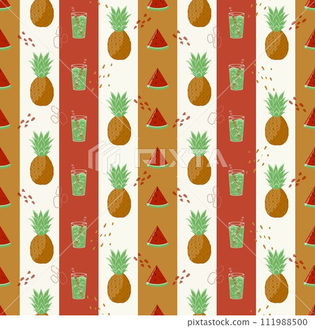 A delicious strip of brown and red with pineapple, watermelon and smoothie. Seamless pattern, summer pattern. A delicious strip of brown and red with pineapple, watermelon and smoothie. Seamless pattern, summer pattern. 111988500