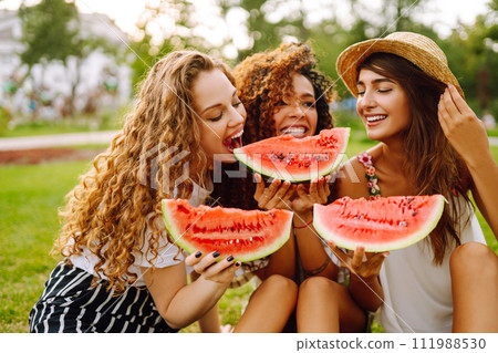 Cheerful happy friends camping on the grass, eating watermelon, laughing. 111988530
