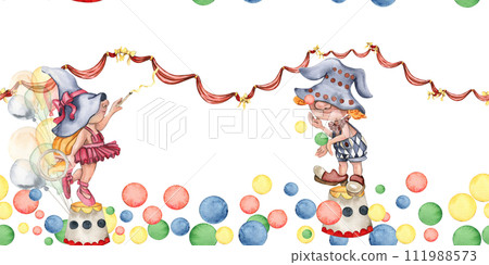 Seamless border of circus clown gnome in vintage style for card. Watercolor illustration for scrapbooking . Hand drawn background with flower for design. Perfect for wedding invitation. 111988573