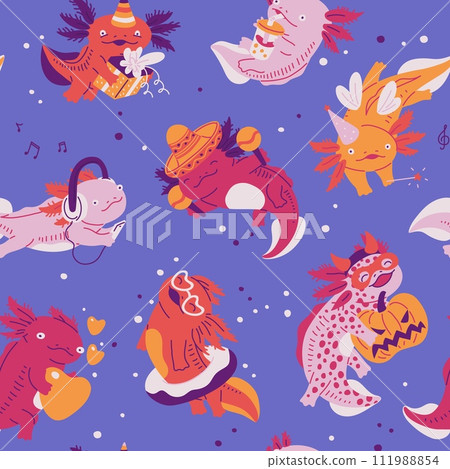 Seamless pattern with cute axolotls flat style, vector illustration Seamless pattern with cute axolotls flat style, vector illustration 111988854