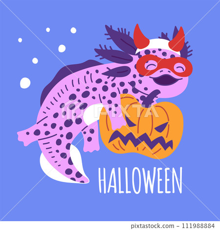 Squared banner about Halloween with happy axolotl holding pumpkin Squared banner about Halloween with happy axolotl holding pumpkin 111988884