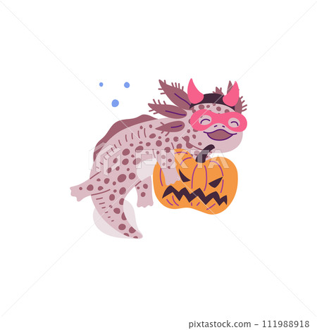 Axolotl with pumpkin for Halloween card cartoon vector illustration isolated. Axolotl with pumpkin for Halloween card cartoon vector illustration isolated. 111988918