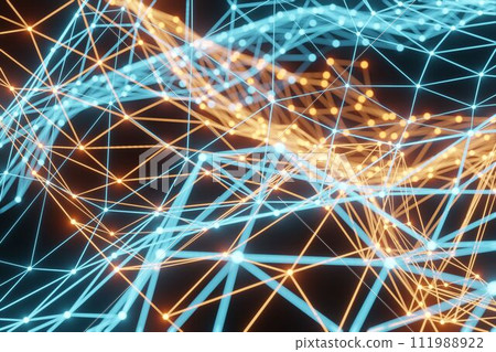 Digitally generated abstract render, visualization of a neural network, IT structure, network and social connections Digitally generated abstract render, visualization of a neural network, IT structure, network and social connections 111988922