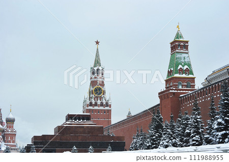 view of the Spasskaya Tower of the Kremlin on Red Square in Moscow view of the Spasskaya Tower of the Kremlin on Red Square in Moscow 111988955