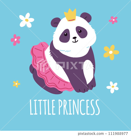 Cute pretty panda in skirt and with crown, Little princess vector poster with flowers, Asian bear black and white fur 111988977
