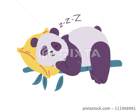 Cute panda sleeping with a pillow on bamboo branch, big Asian bear with black and white fluffy wool, vector wild animal Cute panda sleeping with a pillow on bamboo branch, big Asian bear with black and white fluffy wool, vector wild animal 111988981