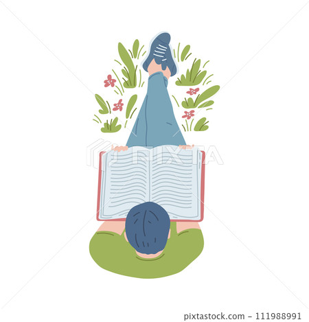 Overhead man reading book with enjoy and great interest in foliage, vector cartoon booklover character leisure top view Overhead man reading book with enjoy and great interest in foliage, vector cartoon booklover character leisure top view 111988991