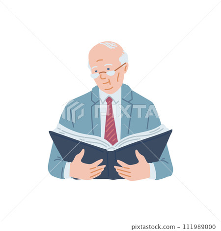 Elderly man holding a book and reading, flat vector illustration isolated. 111989000