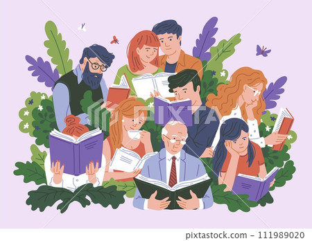 Banner or poster with group of people reading books, flat vector illustration. Banner or poster with group of people reading books, flat vector illustration. 111989020