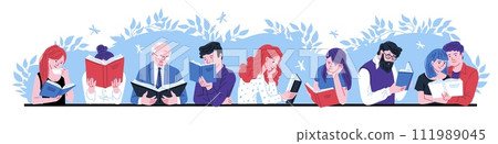 Young and elderly people reading book with enjoy and great interest, vector cartoon booklover characters on blue floral Young and elderly people reading book with enjoy and great interest, vector cartoon booklover characters on blue floral 111989045