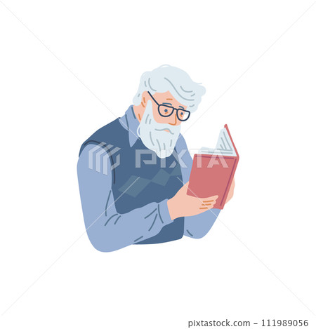 Elderly man in glasses reading book with enjoy and great interest, vector cartoon booklover pensioner character leisure 111989056