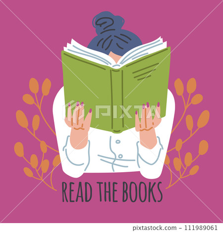 Young woman enjoy reading, behind a book, Read the books vector poster, cartoon booklover character leisure on pink 111989061