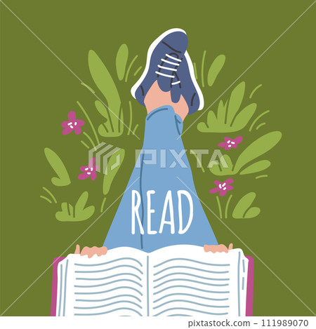 Overhead person reading book with enjoy and great interest in foliage, vector cartoon booklover character leisure poster 111989070