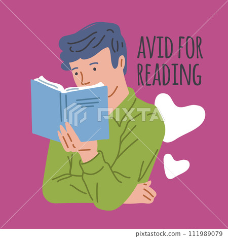 Young man reading book with enjoy and great interest, Avid for reading vector poster, cartoon booklover self education 111989079