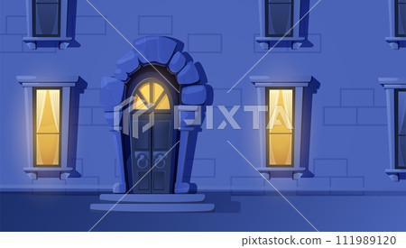 Medieval door to castle light in the windows in the night, vector old vintage entrance from wood, stone and metal hafts 111989120