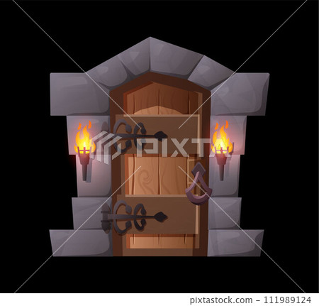 Medieval door to castle with burning torch, old vintage entrance from wood, stone arch metal hafts, vector game portal 111989124